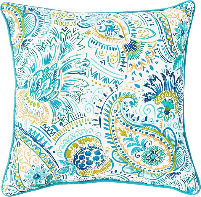 Pillow Perfect Paisley Indoor/Outdoor Accent Throw Pillow, Plush Fill, Weather, and Fade Resistant, Large Throw - 18.5" x 18.5", Blue/Yellow Gilford, 2 Count