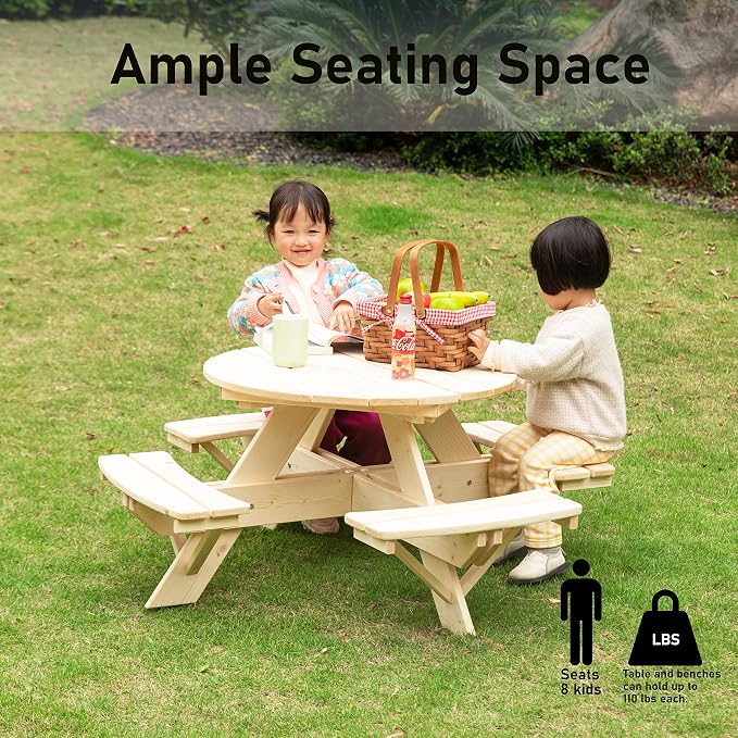 Gardenised Wooden Kids Round Picnic Table Bench, Outdoor Children's Backyard Table, Crafting, Dining, and Playtime Patio Table