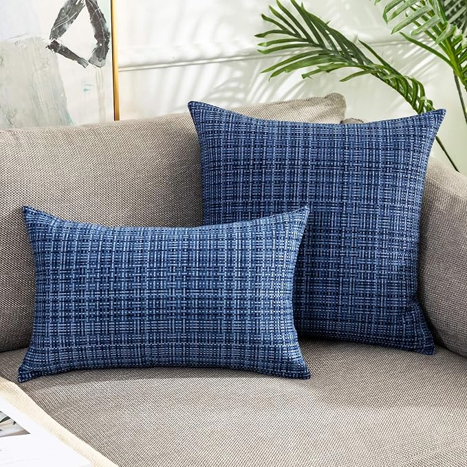 Kevin Textile Outdoor Waterproof 18x18 Inch Pillow Covers 2 Pack, Navy Blue | Water Resistant, Faux Linen Yarn-dyed, Woven Texture Throw Pillow Covers for Tent Patio Garden Couch Sofa