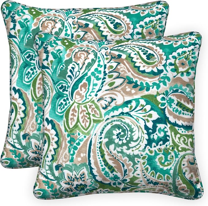 Honeycomb Outdoor Square Toss Pillow Covers, 18 x 18, 2-Pack | Geneva Paisley Turquoise Slipcovers, Water & Fade Resistant for Patio Furniture Set, Cover Only, No Insert