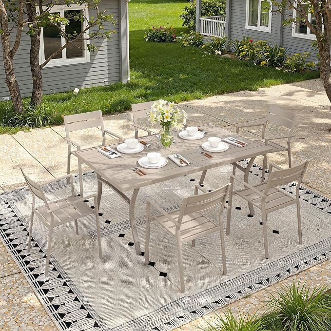7 Pieces Patio Dining Set, 63" Outdoor Dining Table and Chairs Set for 6 Outdoor Furniture with Stackable Patio Chairs for Lawn Garden Backyard, Sandshell Table and Sandshell Chairs
