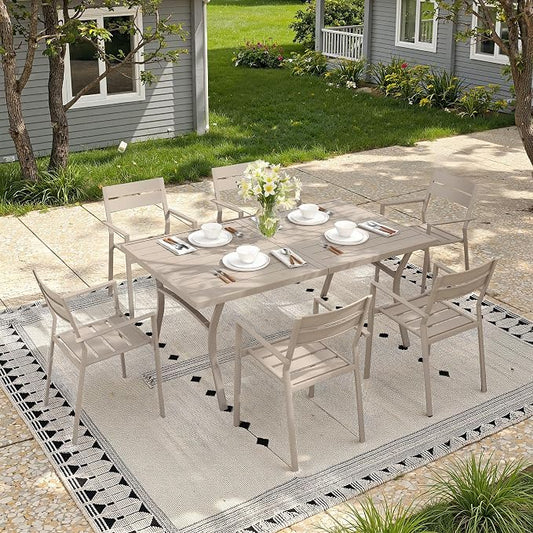 7 Pieces Patio Dining Set, 63" Outdoor Dining Table and Chairs Set for 6 Outdoor Furniture with Stackable Patio Chairs for Lawn Garden Backyard, Sandshell Table and Sandshell Chairs