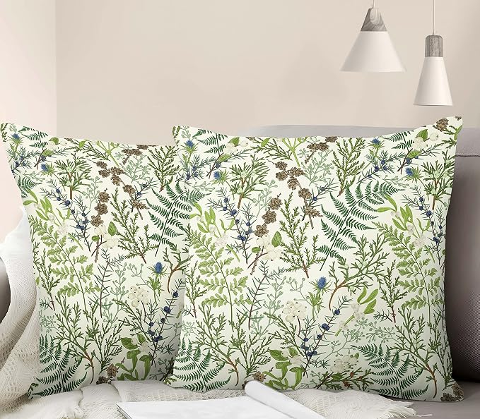 Green Plant Throw Pillow Covers 18x18 Inch Set of 2 Sage Green Botanical Leaf Pillow Covers Vintage Floral Cushion Cover Farmhouse Waterproof Decor for Living Room Bedroom Sofa Patio Outdoor